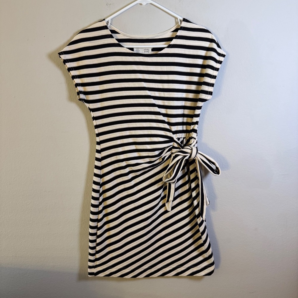 Saturday Sunday Anthropologie Striped Side Tie Mini Dress Black White XS Cap Slv